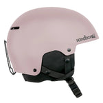 Sandbox Junior's Icon Snow Helmet 2025 - A light pink helmet with a black chin strap and ventilation holes on top.