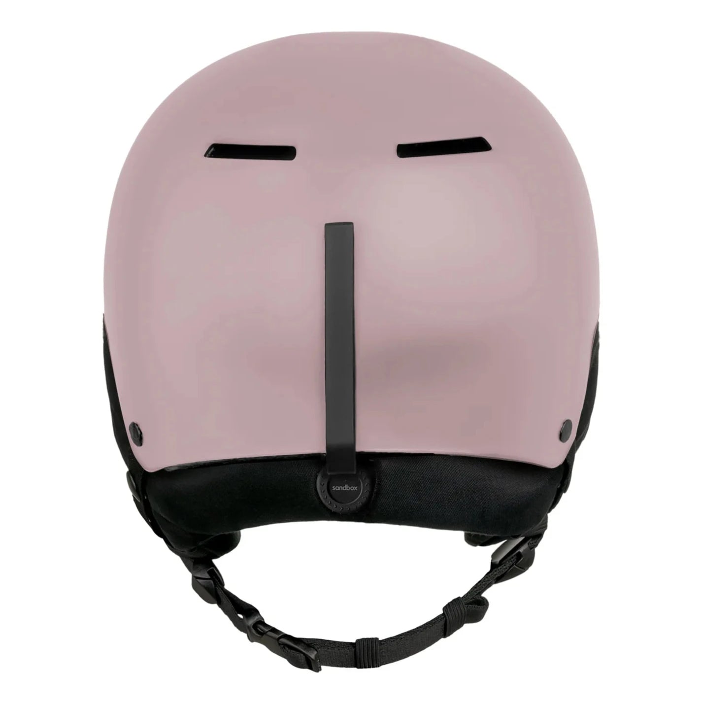 Sandbox Junior's Icon Snow Helmet 2025 - A light pink helmet with a black chin strap and ventilation holes on top.