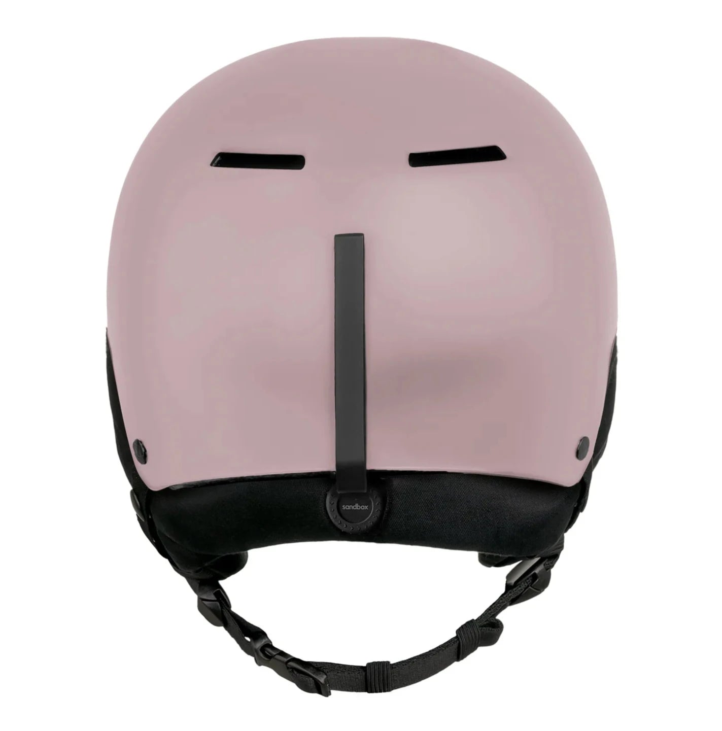 Sandbox Junior's Icon Snow Helmet 2025 - A light pink helmet with a black chin strap and ventilation holes on top.