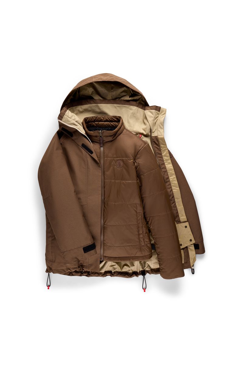 Women's 3-in-1 jacket in dark brown, shell plus removable padded inner vest