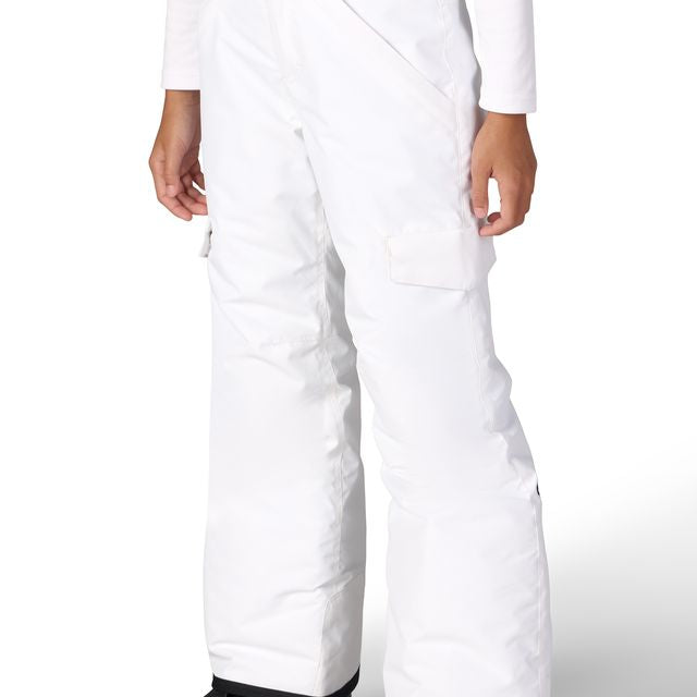 Girls' insulated snow pants in white with cargo pockets and button waist closure