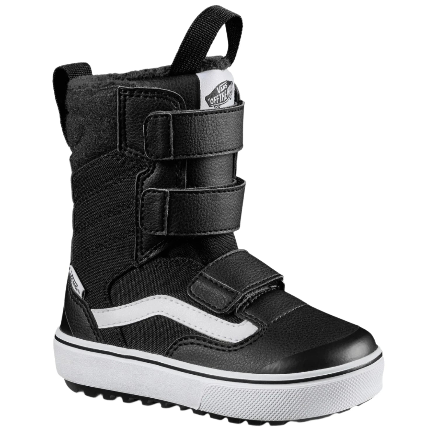 Vans Junior's Juvie Mini Snowboard Boot 2025 - Black snowboard boots with white accents and a strap on top.