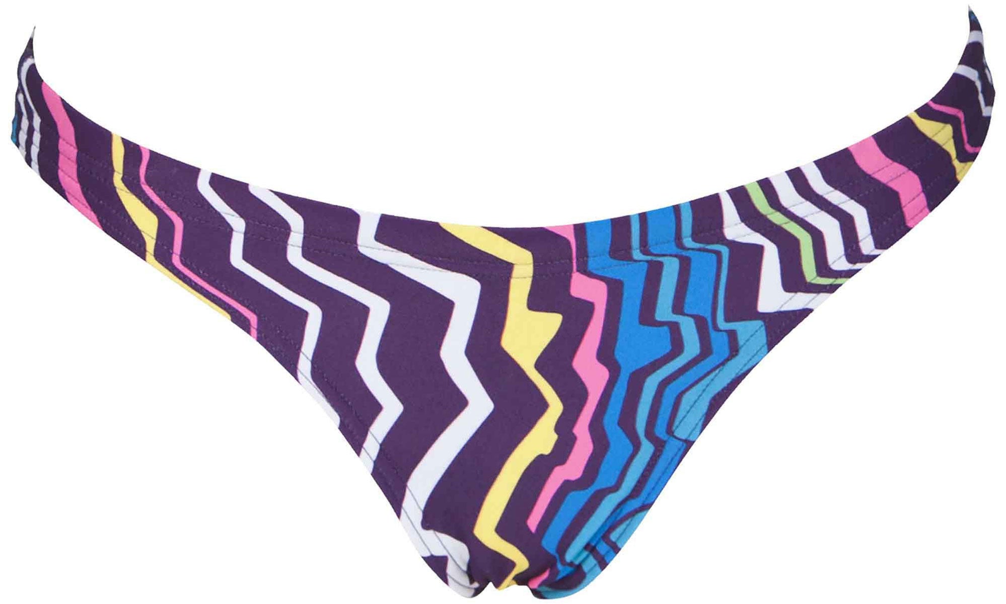Arena Ladies' Zig Zag Bikini Bottom Two-Piece Swimsuit - A purple swimsuit with a zig-zag pattern in pink, yellow, blue, and white stripes.