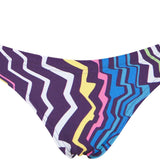 Arena Ladies' Zig Zag Bikini Bottom Two-Piece Swimsuit - A purple swimsuit with a zig-zag pattern in pink, yellow, blue, and white stripes.