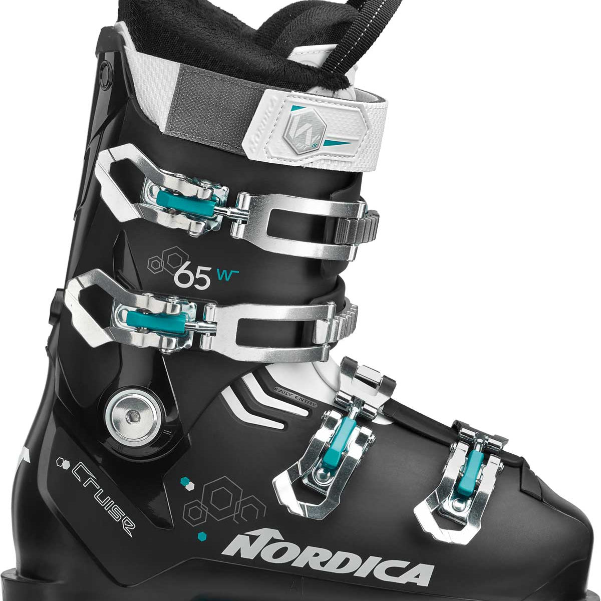Nordica Ladies' Cruise 65 Ski Boot 2020 - Black ski boot with silver buckles and teal accents.