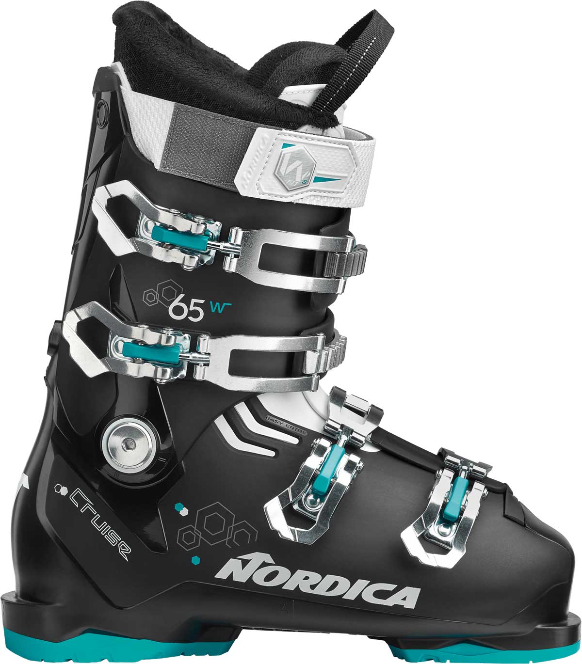 Nordica Ladies' Cruise 65 Ski Boot 2020 - Black ski boot with silver buckles and teal accents.