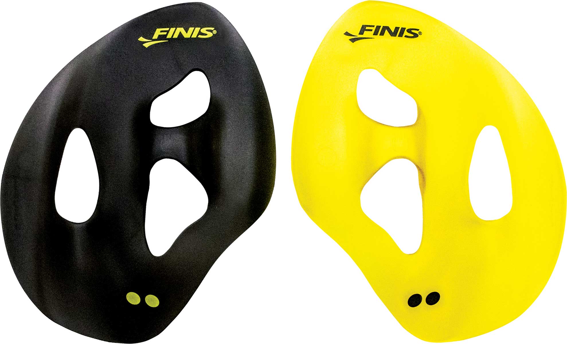 Finis ISO Strapless Isolation Swim Paddles - Two black paddles with a rounded, oval shape and three holes in each paddle.
