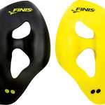 Finis ISO Strapless Isolation Swim Paddles - Two black paddles with a rounded, oval shape and three holes in each paddle.