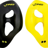 Finis ISO Strapless Isolation Swim Paddles - Two black paddles with a rounded, oval shape and three holes in each paddle.