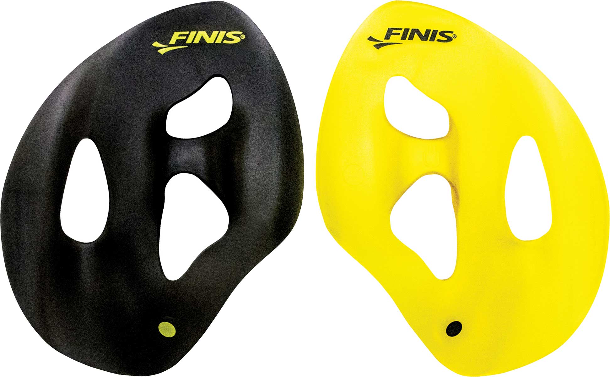 Finis ISO Strapless Isolation Swim Paddles - Black paddles with a distinctive oval-shaped hole in the center and two smaller holes on either side, set against a white background.