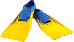 Finis Long Floating Swim Fins - These bright yellow swim fins have a blue strap with "FINIS" embossed on it, and are angled to show their long shape.