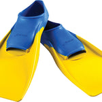 Finis Long Floating Swim Fins - These bright yellow swim fins have a blue strap with "FINIS" embossed on it, and are angled to show their long shape.