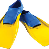 Finis Long Floating Swim Fins - These bright yellow swim fins have a blue strap with "FINIS" embossed on it, and are angled to show their long shape.