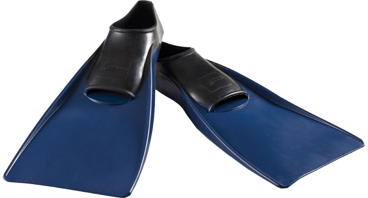 Finis Long Floating XL Swim Fins - These swim fins are long and blue with a black strap at the top.