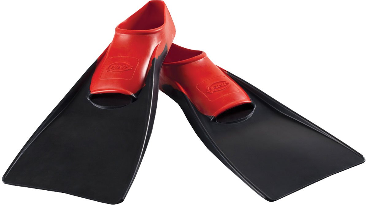 Finis Long Floating Swim Fins - These long, black swim fins have a distinctive red strap and logo on top.