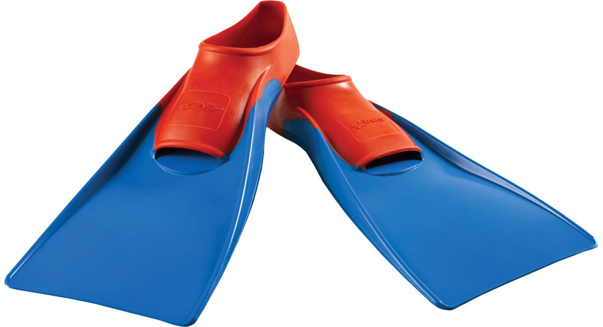 Finis Long Floating Swim Fins - These bright blue swim fins have a distinctive orange strap and are shown from a side view, with the toe end facing to the right.