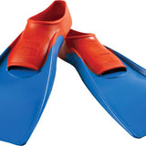 Finis Long Floating Swim Fins - These bright blue swim fins have a distinctive orange strap and are shown from a side view, with the toe end facing to the right.