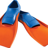 Finis Junior's Long Floating Swim Fins - These bright orange fins have a distinctive blue strap with "FINIS" embossed on it, and are viewed from the side.