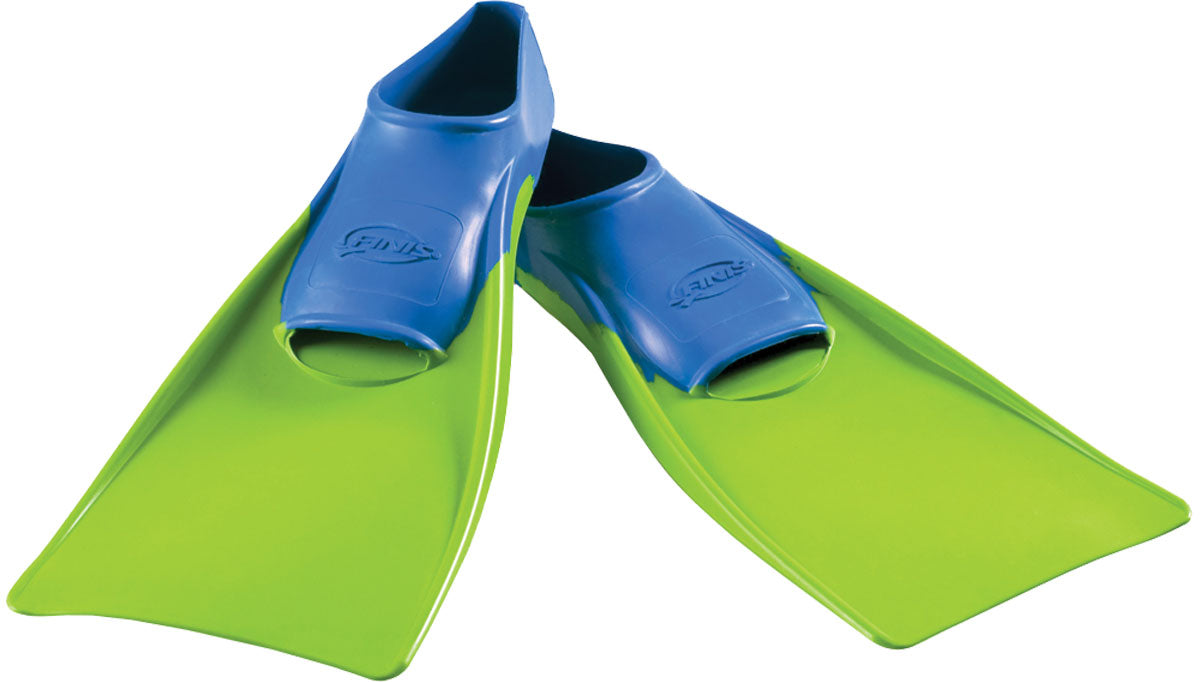 Finis Junior's Long Floating Swim Fins - These bright green fins have a distinctive blue strap with the word "FINIS" embossed on it.