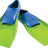 Finis Junior's Long Floating Swim Fins - These bright green fins have a distinctive blue strap with the word "FINIS" embossed on it.
