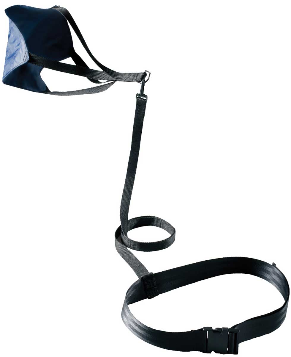 Finis Swim Resistance Parachute - Blue parachute with white trim, attached to a black cord and handle.