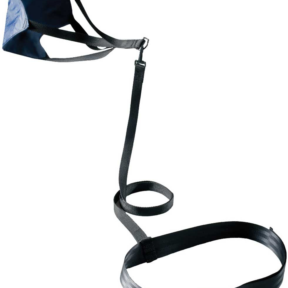 Finis Swim Resistance Parachute - Blue parachute with white trim, attached to a black cord and handle.