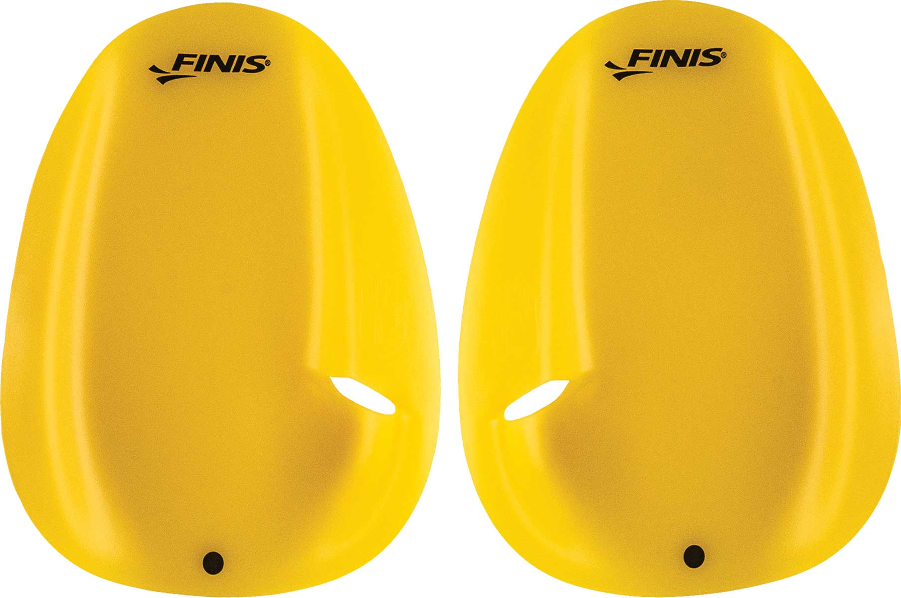 Finis Floating Agility Paddles - Yellow paddles with a textured surface, featuring two holes at the bottom and an oval-shaped cutout on each side.