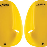 Finis Floating Agility Paddles - Yellow paddles with a textured surface, featuring two holes at the bottom and an oval-shaped cutout on each side.