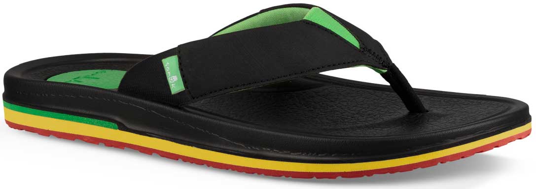 Sanuk Men's Beer Cozy 3 Sandal - A black sandal with a green logo on the strap and red soles.