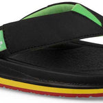 Sanuk Men's Beer Cozy 3 Sandal - A black sandal with a green logo on the strap and red soles.