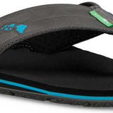 Sanuk Men's Land Shark Hawaii Sandal - A black sandal with a blue stripe and green logo on top of footbed.