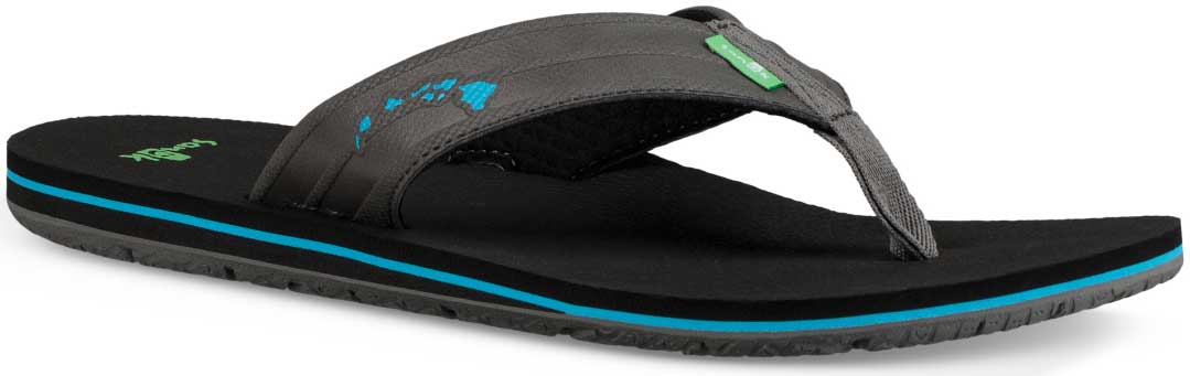 Sanuk Men's Land Shark Hawaii Sandal - A black sandal with a blue stripe and green logo on top of footbed.