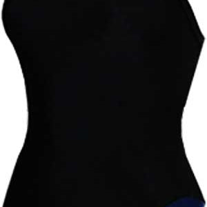 Water Pro Ladies' Solid Black Poly Thin Strap Flyback Swimsuit - A black swimsuit with thin straps and a flyback design, featuring a solid color pattern.