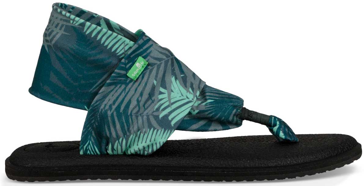 Sanuk Ladies' Yoga Sling 2 Prints Sandal - Tropical print with green palm fronds on a dark background.