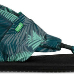 Sanuk Ladies' Yoga Sling 2 Prints Sandal - Tropical print with green palm fronds on a dark background.