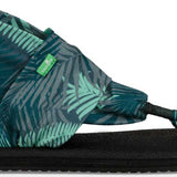 Sanuk Ladies' Yoga Sling 2 Prints Sandal - Tropical print with green palm fronds on a dark background.