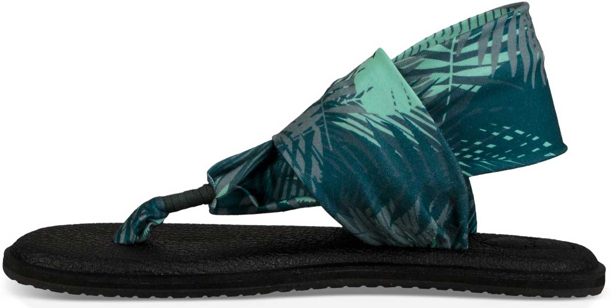 Sanuk Ladies' Yoga Sling 2 Prints Sandal - A green and grey palm leaf print sandal with a strap that wraps around the big toe.