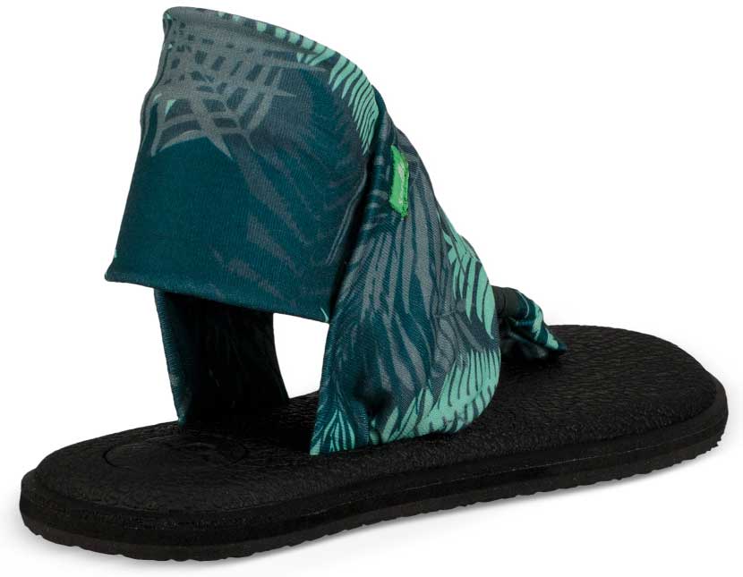 Sanuk Ladies' Yoga Sling 2 Prints Sandal - A green and grey tropical print sandal with a thick strap around the ankle.