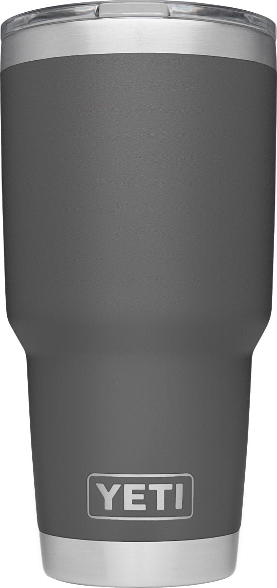 Yeti Rambler 30 oz. Tumbler with Magslider Lid - A dark-colored tumbler with a clear lid and silver hardware.