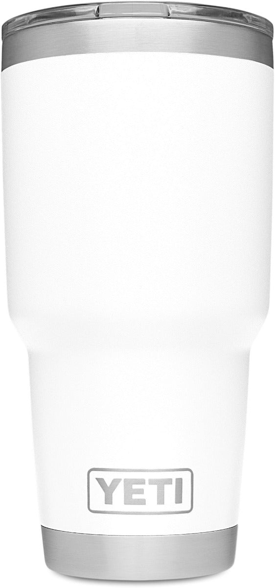 Yeti Rambler 30 oz. Tumbler with Magslider Lid - A white tumbler with a silver lid and a small, rectangular logo on the front that says "YETI" in gray letters.