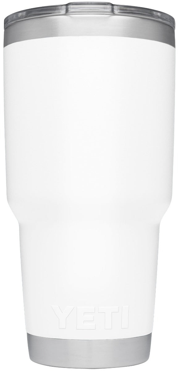 Yeti Rambler 30 oz. Tumbler with Magslider Lid - A white tumbler with a silver lid and a sliding closure mechanism on top.