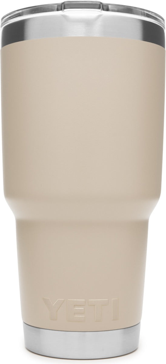 Yeti Rambler 30 oz. Tumbler with Magslider Lid - A stainless steel tumbler with a silver lid and a sliding closure mechanism.