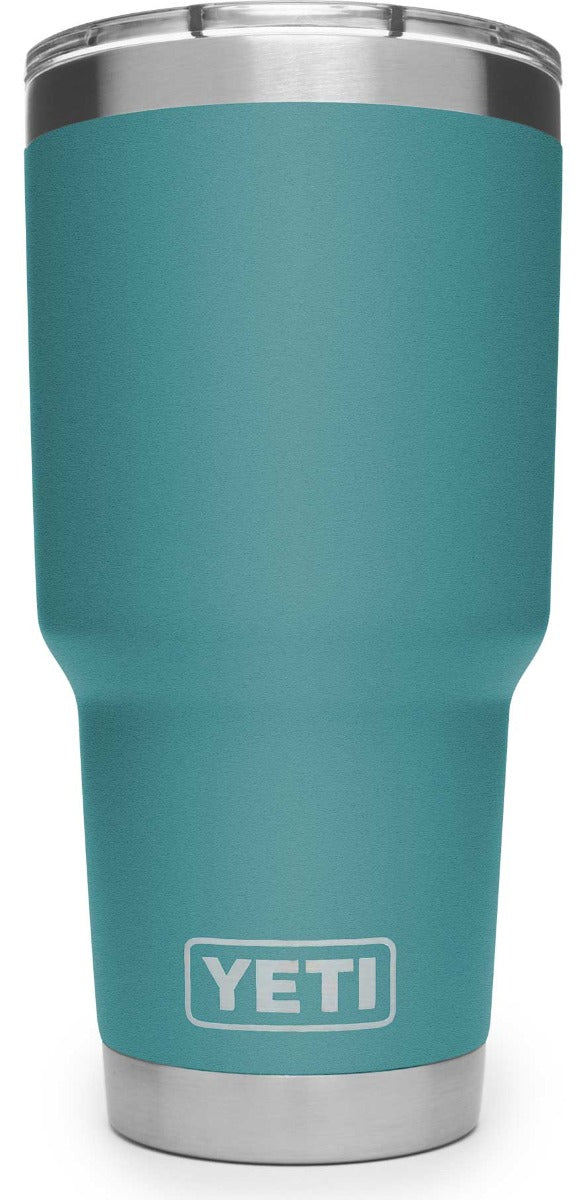 Yeti Rambler 30 oz. Tumbler with Magslider Lid - A stainless steel tumbler with a silver lid and a sliding closure mechanism.