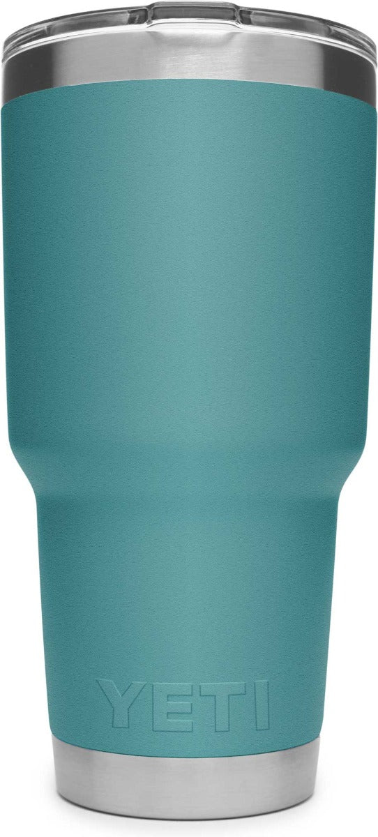 Yeti Rambler 30 oz. Tumbler with Magslider Lid - A stainless steel tumbler with a silver lid and a sliding closure mechanism.