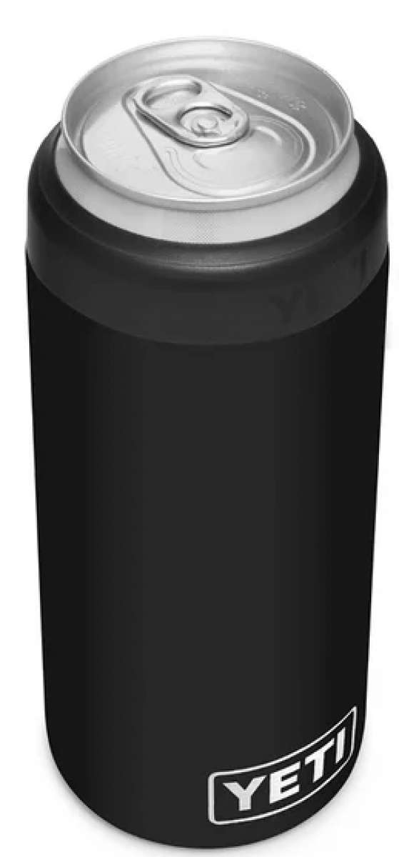 Yeti Rambler 12 oz. Colster Slim Can Insulator - Black insulated can cooler with silver lid and white lettering.