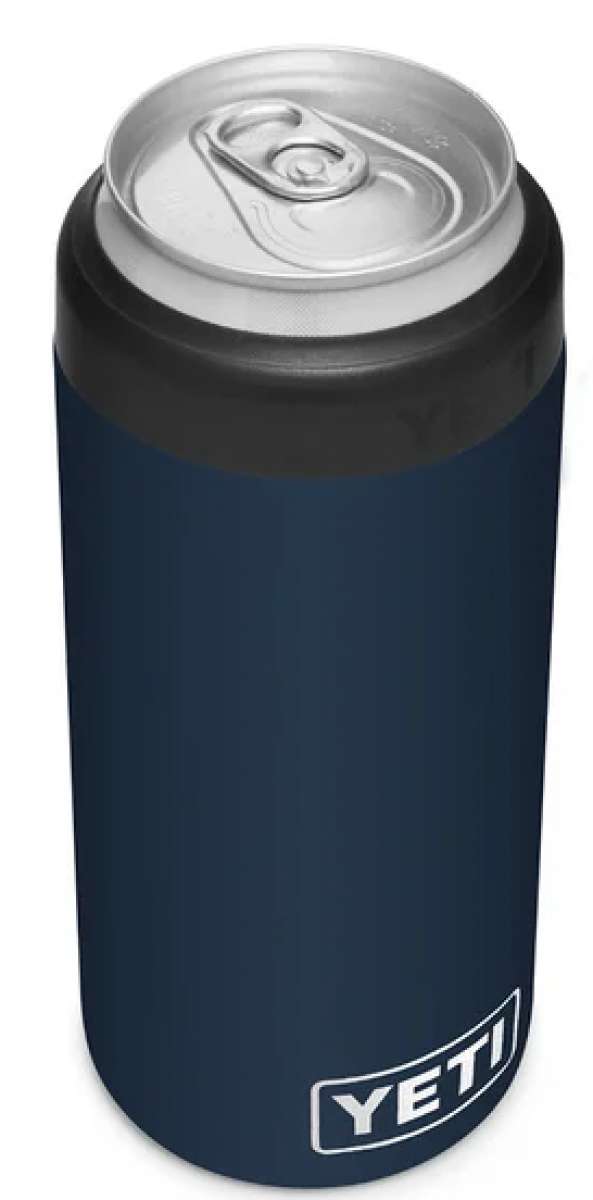 Yeti Rambler 12 oz. Colster Slim Can Insulator - A dark gray insulated sleeve with a silver pull tab on top, designed to fit slim cans.