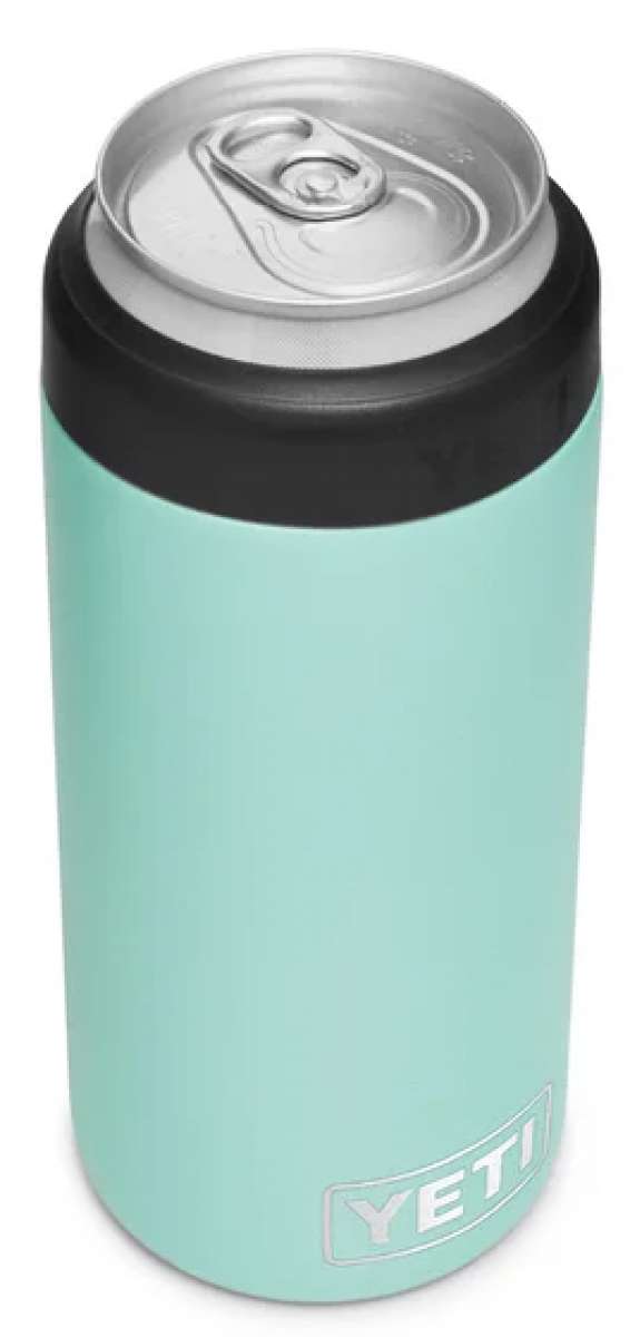 Yeti Rambler 12 oz. Colster Slim Can Insulator - A slim can insulator with a silver lid and a light blue body.