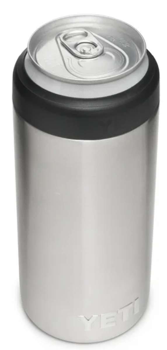 Yeti Rambler 12 oz. Colster Slim Can Insulator - Silver can insulator with black rubber band around top.