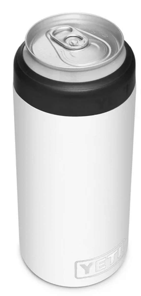 Yeti Rambler 12 oz. Colster Slim Can Insulator - White can insulator with black lid and silver pull tab.