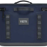 Yeti Hopper Flip 18 Personal Cooler - A navy blue cooler with a handle on top and two zippered compartments, one on each side.